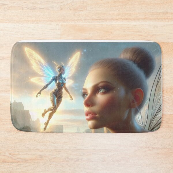 Item preview, AI Glowing Biopunk Fairy Duo, AI Generated Mechanical Fairy with Light Wings, Futuristic Fantasy Valley Wall Decor designed and sold by IRON SIREN.