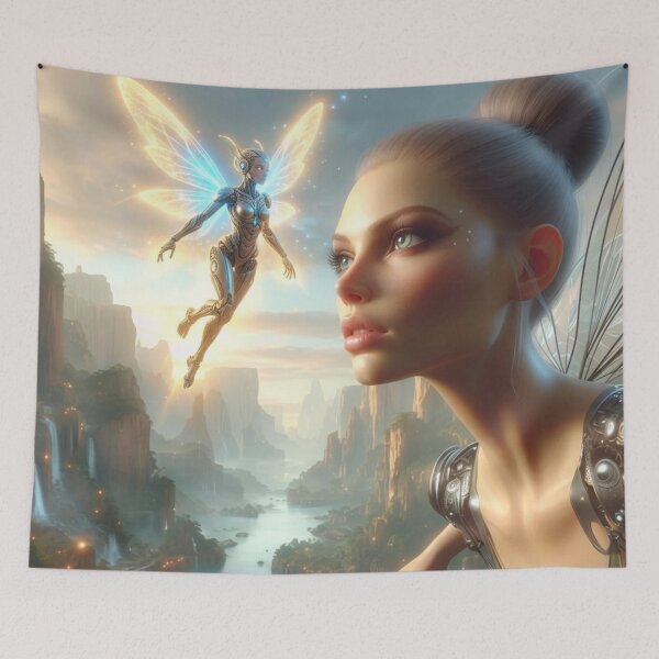 Item preview, AI Glowing Biopunk Fairy Duo, AI Generated Mechanical Fairy with Light Wings, Futuristic Fantasy Valley Wall Decor designed and sold by IRON SIREN.