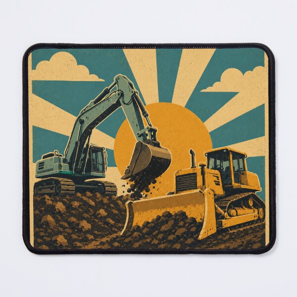Item preview, Vintage Excavator and Bulldozer Construction Equipment Retro Sunburst Design designed and sold by kakmi-art.