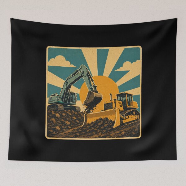 Item preview, Vintage Excavator and Bulldozer Construction Equipment Retro Sunburst Design designed and sold by kakmi-art.