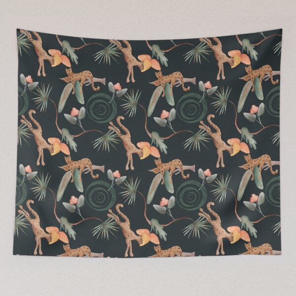 Item preview, Wild cats and tropical plants create a lively scene on a dark background with a mix of colors and shapes in this artwork designed and sold by SpaceartLilu.