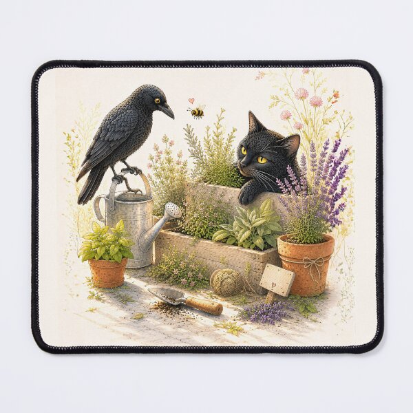 Item preview, Black Cat Herb Garden, Cat, Bee & Raven Cottagecore Art designed and sold by VelvetClawStudio.