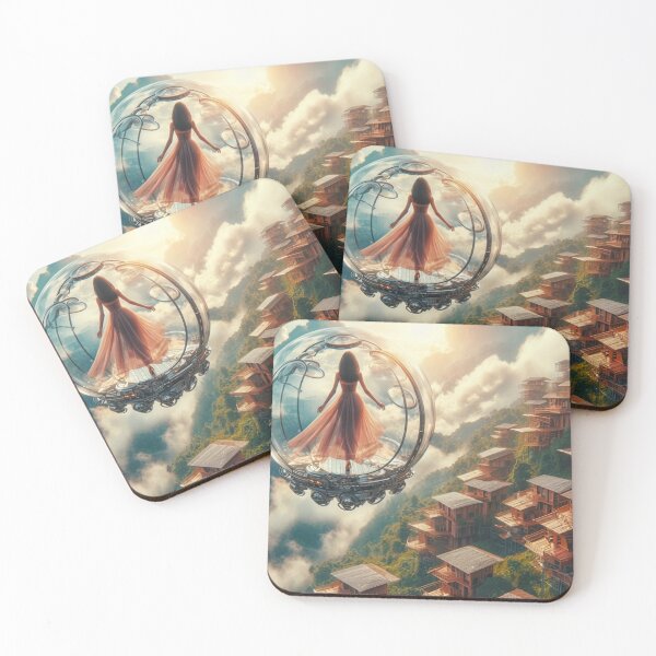 Item preview, AI Woman in Glass Flying Pod, AI Generated Solarpunk Floating Village, Futuristic Sci Fi Wall Decor designed and sold by IRON SIREN.