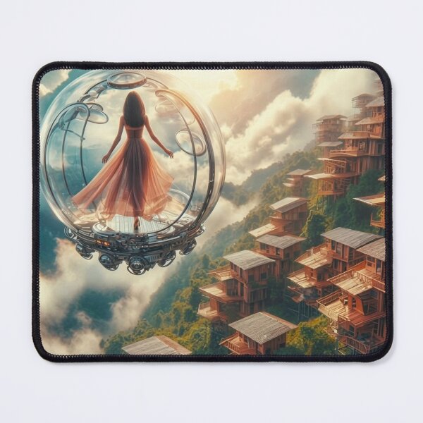 Item preview, AI Woman in Glass Flying Pod, AI Generated Solarpunk Floating Village, Futuristic Sci Fi Wall Decor designed and sold by IRON SIREN.