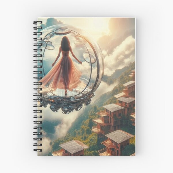 Item preview, AI Woman in Glass Flying Pod, AI Generated Solarpunk Floating Village, Futuristic Sci Fi Wall Decor designed and sold by IRON SIREN.