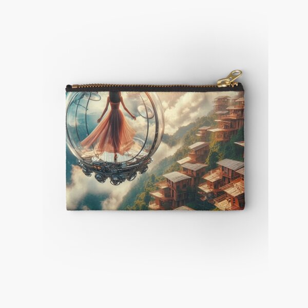 Item preview, AI Woman in Glass Flying Pod, AI Generated Solarpunk Floating Village, Futuristic Sci Fi Wall Decor designed and sold by IRON SIREN.