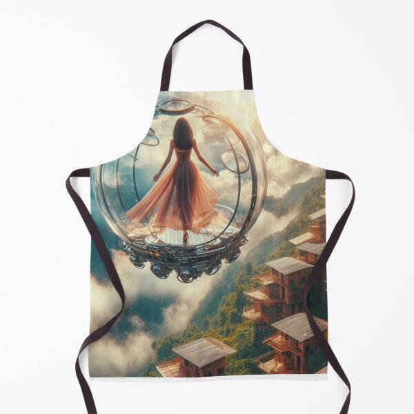 Item preview, AI Woman in Glass Flying Pod, AI Generated Solarpunk Floating Village, Futuristic Sci Fi Wall Decor designed and sold by IRON SIREN.