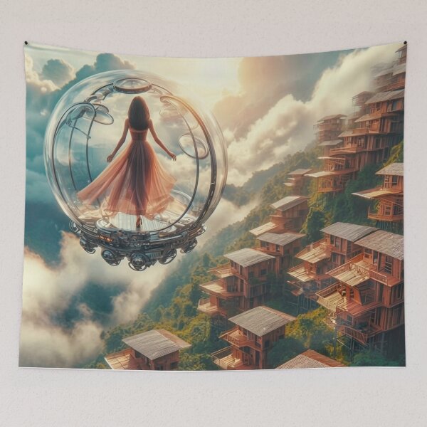 Item preview, AI Woman in Glass Flying Pod, AI Generated Solarpunk Floating Village, Futuristic Sci Fi Wall Decor designed and sold by IRON SIREN.