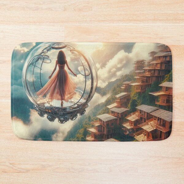 Item preview, AI Woman in Glass Flying Pod, AI Generated Solarpunk Floating Village, Futuristic Sci Fi Wall Decor designed and sold by IRON SIREN.