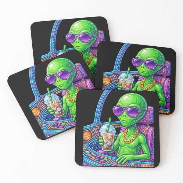 Item preview, Cool Alien Drinking Iced Coffee 3D Perler Bead Pop Art designed and sold by Rahaf-shop9.