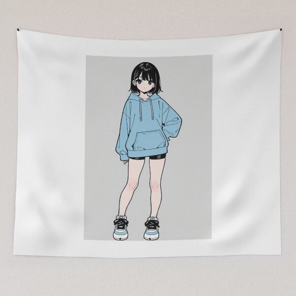 Item preview, Fashion - Girl in Light Blue Hoodie Bike Shorts Blue White Sneakers designed and sold by AnimeShin.