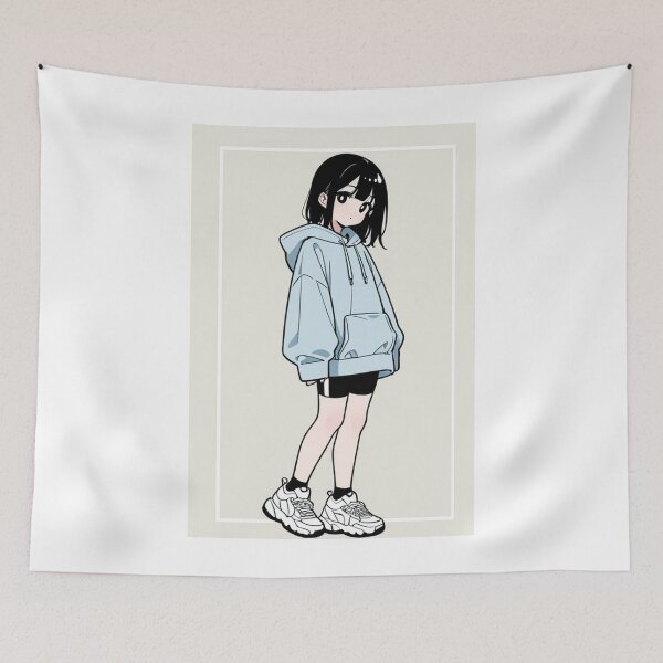 Item preview, Fashion - Girl in Light Blue Hoodie Striped Shorts Chunky Sneakers designed and sold by AnimeShin.