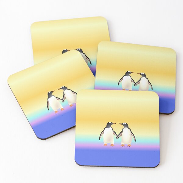 Item preview, Gentoo Penguins holding hands (flippers) with sunset behind designed and sold by Adamo-illustration.