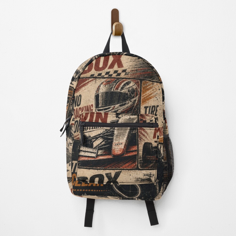 Vintage Pit Radio F1 Grand Prix Racing Poster 2 on a backpack