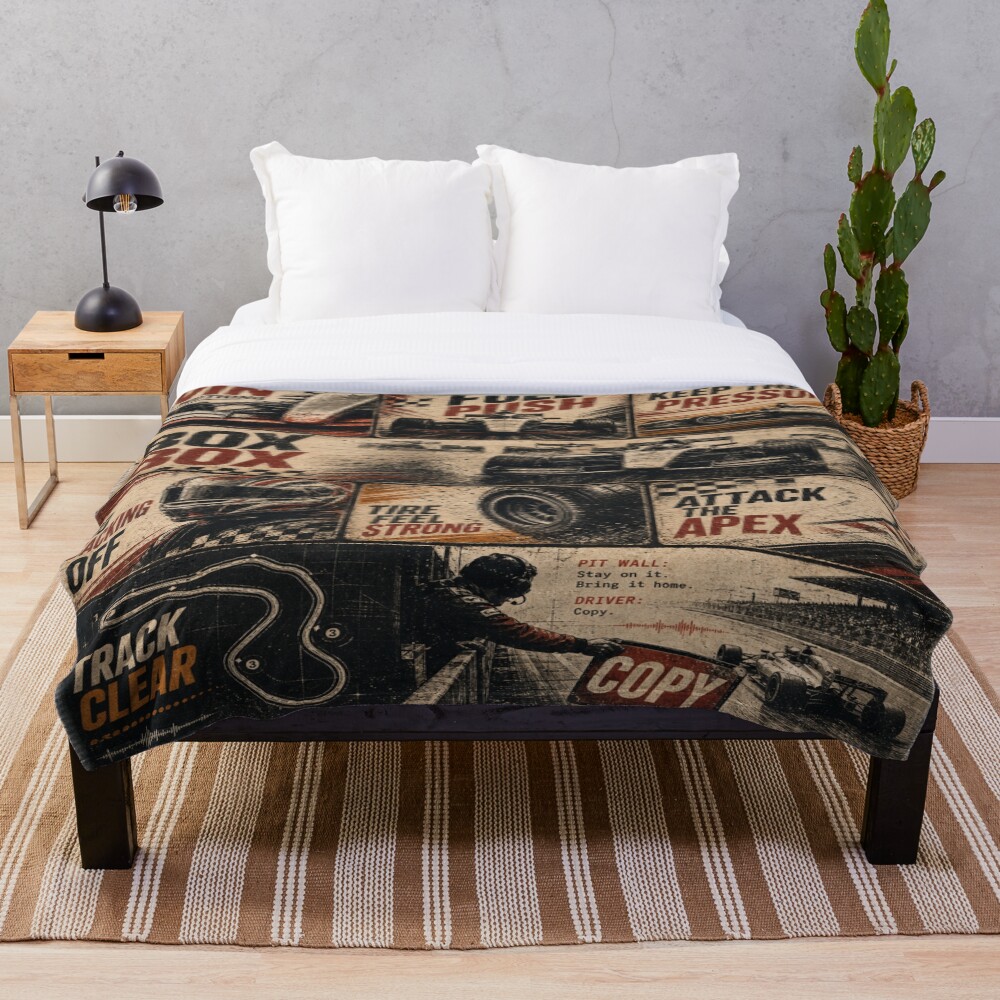 Vintage Pit Radio F1 Grand Prix Racing Poster 2 on a throw blanket