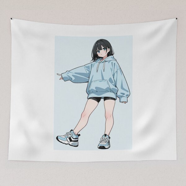 Item preview, Fashion - Girl in Sky Blue Hoodie Bike Shorts Blue Sneakers designed and sold by AnimeShin.