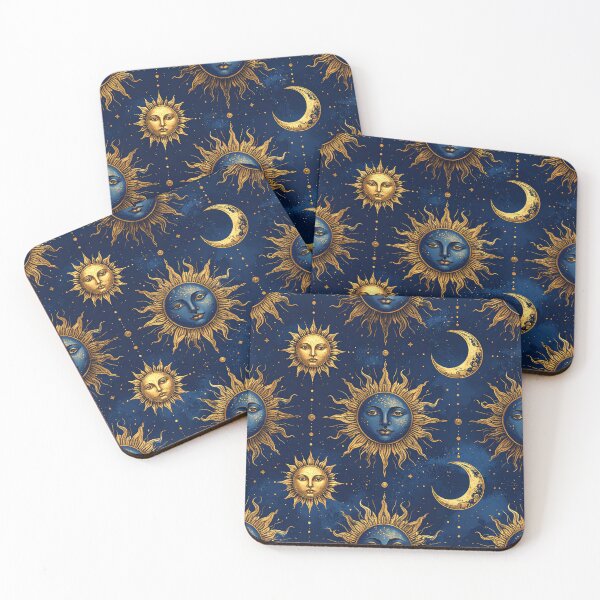 Item preview, Celestial Sun Moon Face Midnight Blue Gold Seamless Pattern designed and sold by Grainwork.