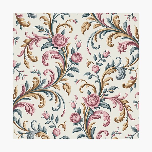 Item preview, Elegant Rococo Pink Rose Pattern | Ornate Gold Teal Scroll Seamless Repeat designed and sold by Midnight Veil Designs.