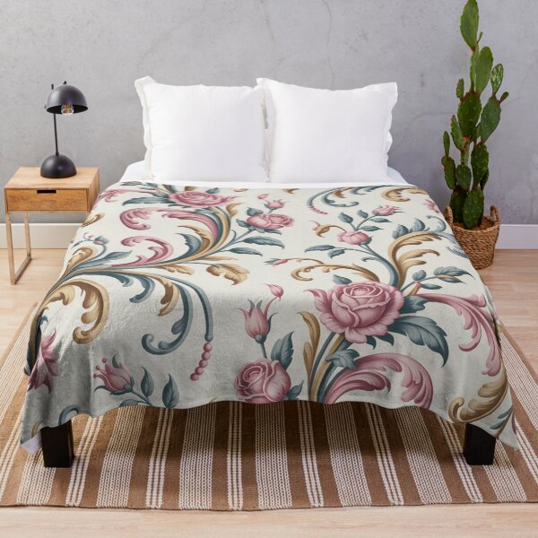 Item preview, Elegant Rococo Pink Rose Pattern | Ornate Gold Teal Scroll Seamless Repeat designed and sold by Midnight Veil Designs.