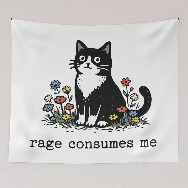 Item preview, Funny Cute Black Cat Rage Consumes Me Linocut Floral designed and sold by rediscoveredapp.