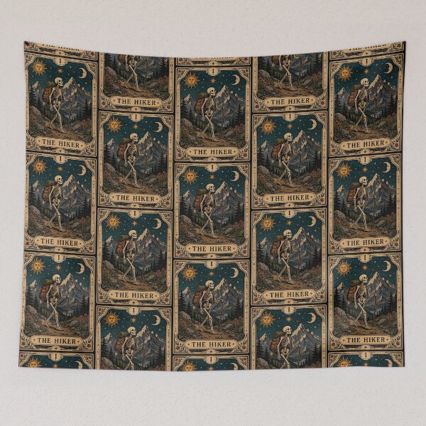 Item preview, The Hiker Tarot Art- Gothic Skeleton Backpacker Mountain Camper designed and sold by merchxwear.