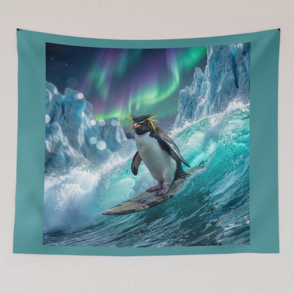 Item preview, Rockhopper Penguin Surfs Under the Aurora Borealis designed and sold by Tridentulus.