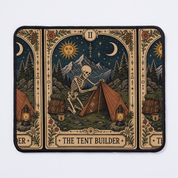 Item preview, The Tent Builder Tarot Art - Skeleton Backpacker Mountain Camper designed and sold by merchxwear.