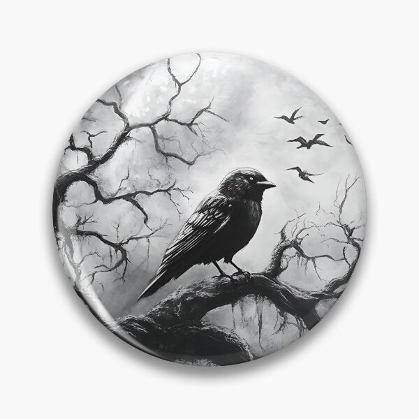 Item preview, Crow on Branch Full Moon Black and White Illustration designed and sold by Boddicca.
