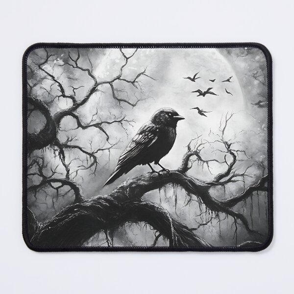 Item preview, Crow on Branch Full Moon Black and White Illustration designed and sold by Boddicca.