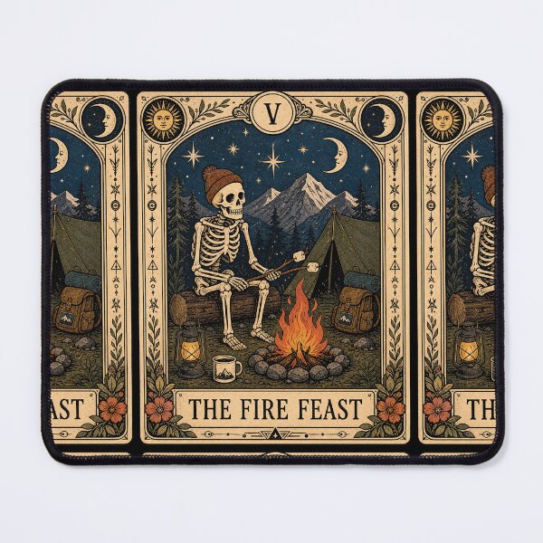 Item preview, Campfire Cooking S'mores Tarot Art - Skeleton Backpacker Mountain Camper designed and sold by merchxwear.