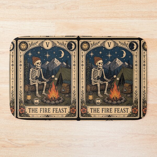 Item preview, Campfire Cooking S'mores Tarot Art - Skeleton Backpacker Mountain Camper designed and sold by merchxwear.
