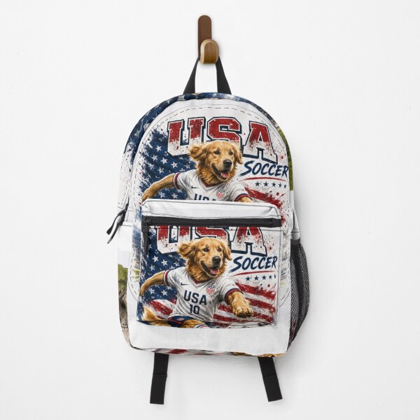 Item preview, USA Soccer Golden Retriever Backpack | Patriotic Dog Soccer Fan Art designed and sold by WhatASunShine.