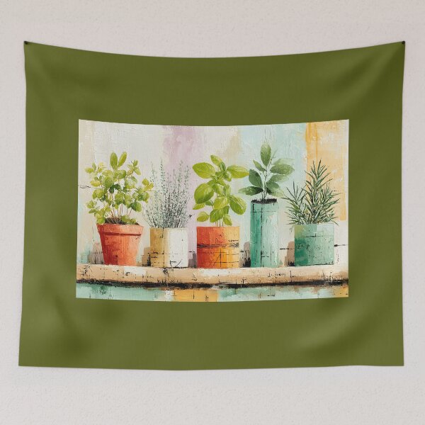 Item preview, Rustic Herb Shelf Garden - Vibrant Potted Herbs Bursting with Fresh Botanical Charm and Color designed and sold by OlfactoART Studio.