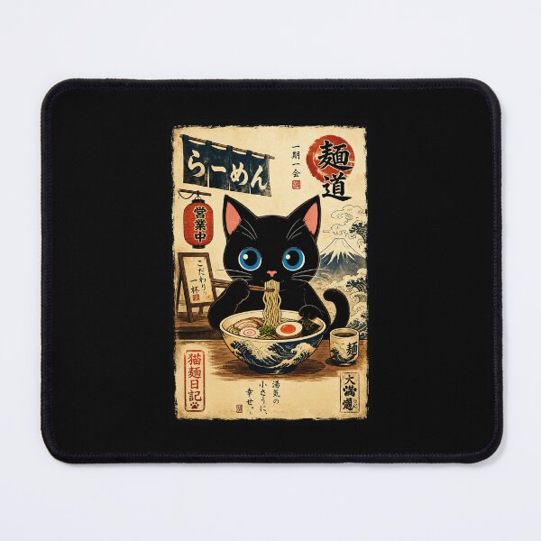 Item preview, Cute Black Cat Eating Ramen in Vintage Japanese Noodle Shop designed and sold by eliramaison.