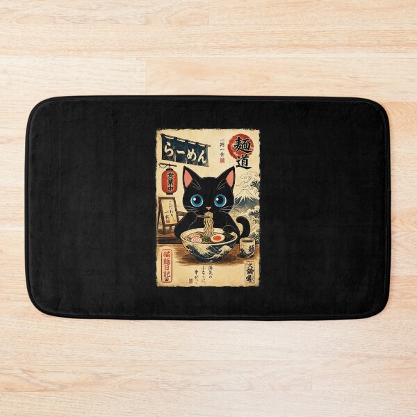 Item preview, Cute Black Cat Eating Ramen in Vintage Japanese Noodle Shop designed and sold by eliramaison.
