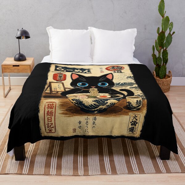 Item preview, Cute Black Cat Eating Ramen in Vintage Japanese Noodle Shop designed and sold by eliramaison.