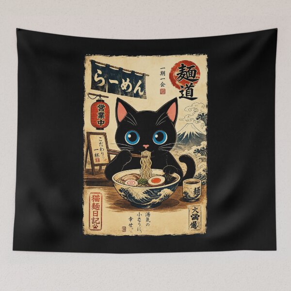 Item preview, Cute Black Cat Eating Ramen in Vintage Japanese Noodle Shop designed and sold by eliramaison.
