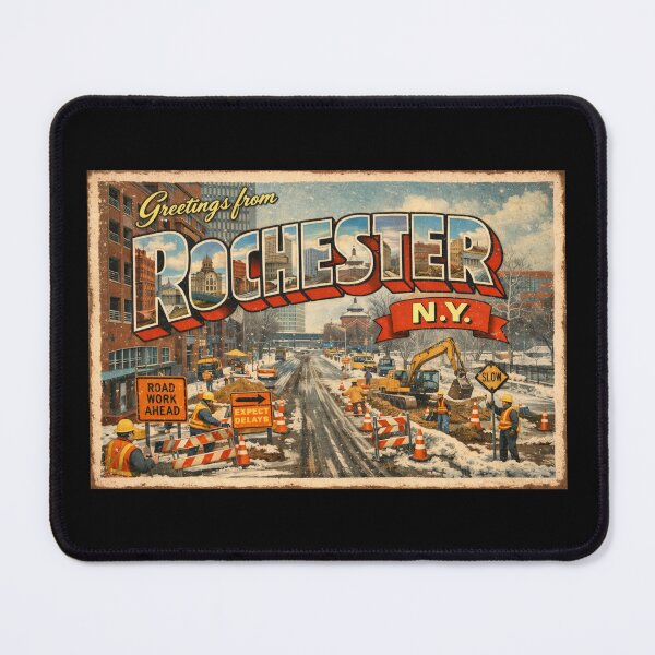 Item preview, Greetings from Rochester, NY vintage postcard - Road Work designed and sold by Flower City Fallout.