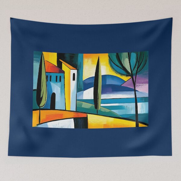 Item preview, Colorful Countryside Escape - Stylized Villa Tall Trees and Rolling Hills in Abstract Harmony designed and sold by OlfactoART Studio.