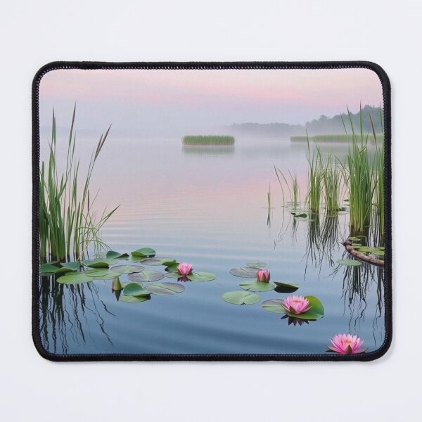 Item preview, Serene Misty Lake Lotus Flowers at Dawn Redbubble Art designed and sold by EllDAV777.