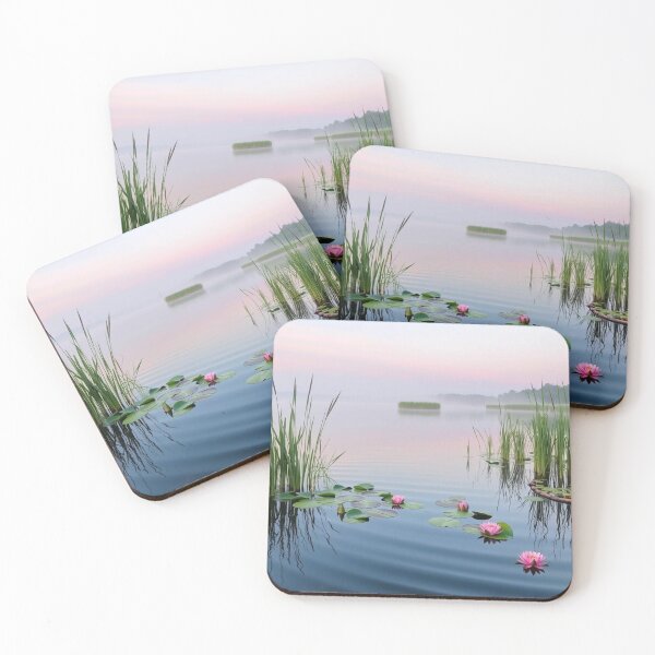 Item preview, Serene Misty Lake Lotus Flowers at Dawn Redbubble Art designed and sold by EllDAV777.