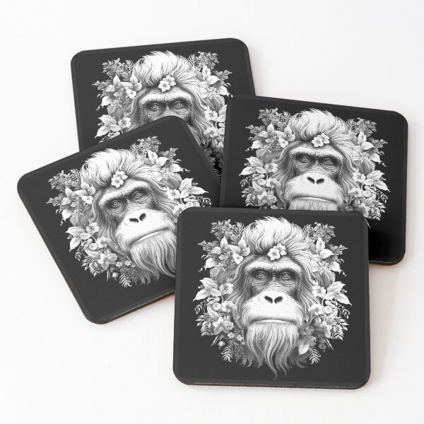 Item preview, Black and White Floral Gorilla Portrait Wildlife Art designed and sold by inkoutninja.