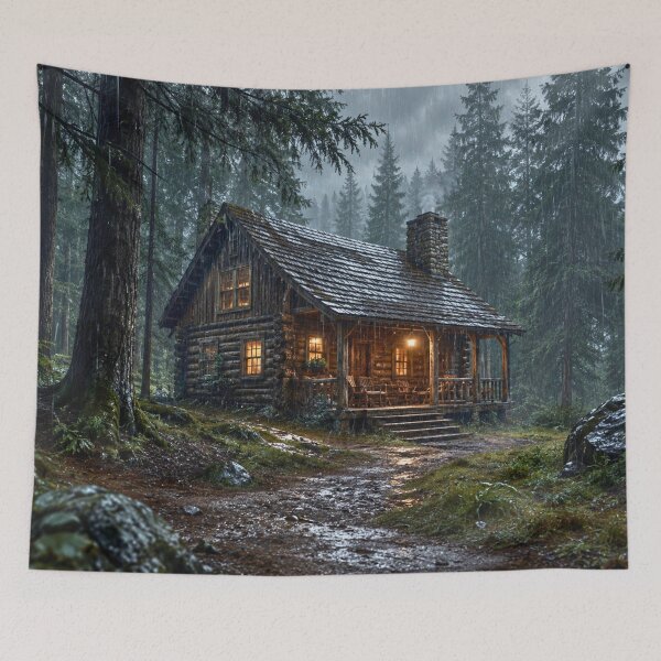 Item preview, Rainy Forest Cabin Retreat | Cozy Woodland Cabin in the Rain | Cinematic Nature Landscape designed and sold by Inkmatic Studio.