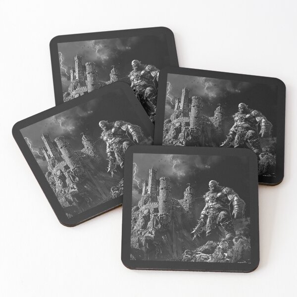 Item preview, Dark Fantasy Giant Warrior Castle Black and White Art designed and sold by inkoutninja.