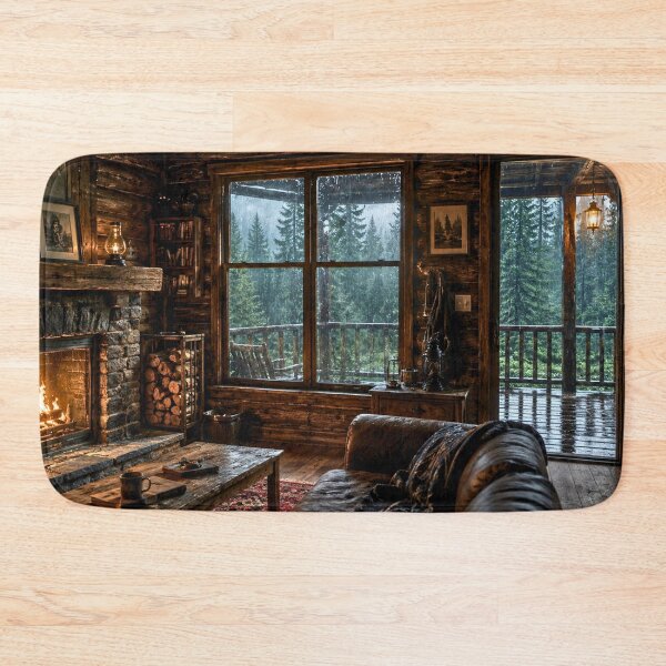 Item preview, Cozy Cabin Interior in a Rainy Forest | Warm Fireplace Woodland Retreat | Cinematic Nature Scene designed and sold by Inkmatic Studio.