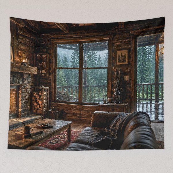 Item preview, Cozy Cabin Interior in a Rainy Forest | Warm Fireplace Woodland Retreat | Cinematic Nature Scene designed and sold by Inkmatic Studio.