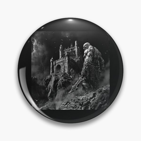 Item preview, Dark Fantasy Warrior Facing Gothic Castle Black and White Art designed and sold by inkoutninja.