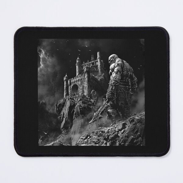 Item preview, Dark Fantasy Warrior Facing Gothic Castle Black and White Art designed and sold by inkoutninja.