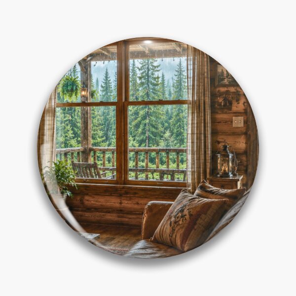 Item preview, Cozy Cabin Interior After the Rain | Forest View Fireplace Retreat | Cinematic Woodland Escape designed and sold by Inkmatic Studio.