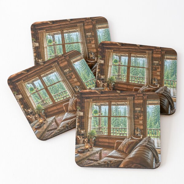 Item preview, Cozy Cabin Interior After the Rain | Forest View Fireplace Retreat | Cinematic Woodland Escape designed and sold by Inkmatic Studio.